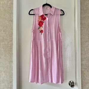 Entro Pink and White Striped Floral Embroidered Button-Down Dress